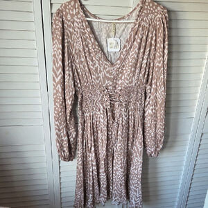 Bluebell Boho Long Sleeve Cheetah Dress in Taupe and White